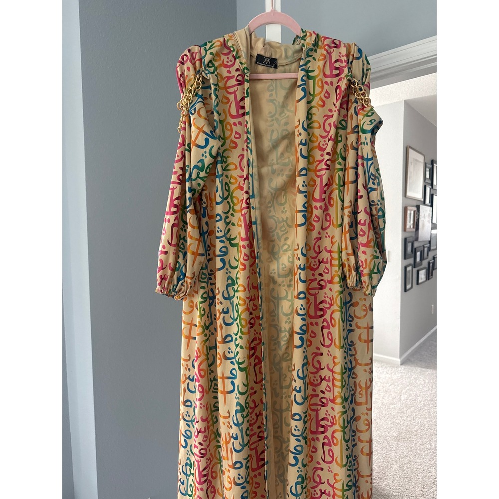 Aya Osama Couture Hooded Kaftan Maxi Kimono Calligraphy Gold Chain One Size OS
